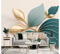 Tzxztt 3D Papier Peint Doré Vert Bleu Feuilles Texture Élégante Lignes Art | Tissu en Soie Véritable à la Texture Raffinée Adapté au Salon Chambre Bureau Salle Manger et Mur Derrière le TV-430cm×300cm