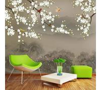 Tzxztt Abstrait Sommets Montagneux Blanc Fleurs Oiseaux En Vol Papier Peint 3E Moderne Soie Texturée Haut De Gamme IdéAl Pour Le Salon Et La Chambre à Coucher-150cm×105cm