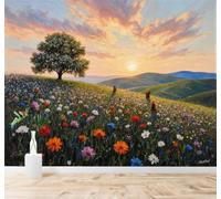 Tzxztt Arbres Fleurs Sauvages Prairie Colline Coucher De Soleil Papier Peint 3D Moderne Soie Texturée Haut De Gamme Idéal Pour Le Salon Et La Chambre à Coucher-250cm×170cm