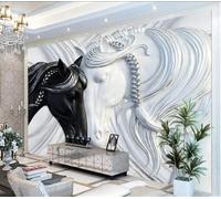 Tzxztt Art Abstrait Noir Et Blanc Double Cheval Cubique Relief Papier Peint 3E Moderne Soie Texturée Haut De Gamme IdéAl Pour Le Salon Et La Chambre à Coucher-350cm×256cm