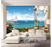 Tzxztt Balcon Mer Ciel Bleu Nuages Blancs Voilier Papier Peint 3D Moderne Soie Texturée Haut De Gamme Idéal Pour Le Salon Et La Chambre à Coucher-200cm×140cm