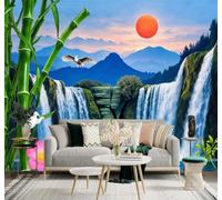 Tzxztt Bambous Cascade Lever Du Soleil Montagnes Oiseaux Lotus Papier Peint 3D Moderne Soie Texturée Haut De Gamme Idéal Pour Le Salon Et La Chambre à Coucher-150cm×105cm