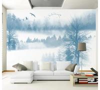 Tzxztt Bande Dessinée Encre De Chine Bleu Forêt Oiseaux En Vol Papier Peint 3D Moderne Soie Texturée Haut De Gamme Idéal Pour Le Salon Et La Chambre à Coucher-200cm×140cm