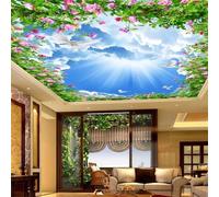 Tzxztt Beau Ciel Bleu Nuages Blancs Feuilles Vertes Fleurs Papier Peint 3E Moderne Soie Texturée Haut De Gamme IdéAl Pour Le Salon Et La Chambre à Coucher-350cm×256cm