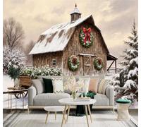 Tzxztt Beau Grange D'Hiver Paysage Enneigé Couronne De Fleurs Chariot En Bois Papier Peint 3D Moderne Soie Texturée Haut De Gamme Idéal Pour Le Salon Et La Chambre à Coucher-250cm×170cm