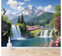 Tzxztt Beau Paysage De Montagne Cascade Pin Fleurs Épanouies Papier Peint 3D Moderne Soie Texturée Haut De Gamme Idéal Pour Le Salon Et La Chambre à Coucher-200cm×140cm