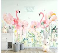 Tzxztt Beaux Fleurs Roses Flamant Rose Papillon Papier Peint 3E Moderne Soie Texturée Haut De Gamme Idéal Pour Le Salon Et La Chambre à Coucher-250cm×170cm