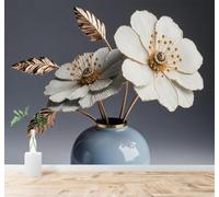 Tzxztt Blanc Doré Fleurs Métalliques Vase Bleu Feuilles Élégantes Papier Peint 3D Moderne Soie Texturée Haut De Gamme Idéal Pour Le Salon Et La Chambre à Coucher-430cm×300cm