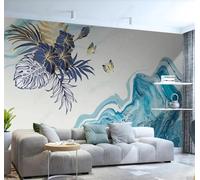Tzxztt Bleu Encre De Chine Feuilles Fleurs Papillons Papier Peint 3D Moderne Soie Texturée Haut De Gamme Idéal Pour Le Salon Et La Chambre à Coucher-250cm×170cm