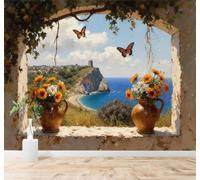 Tzxztt Bouquet Vase Papillon Fenêtre Mer Bleue Papier Peint 3D Moderne Soie Texturée Haut De Gamme Idéal Pour Le Salon Et La Chambre à Coucher-200cm×140cm