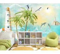 Tzxztt Cartoon Phare Cocotiers Mer Château Papier Peint 3d Moderne Soie Texturée Haut De Gamme IdéAl Pour Le Salon Et La Chambre à Coucher-200cm×140cm
