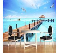 Tzxztt Ciel Bleu Mer Pont En Bois Oiseaux En Vol Petit Bateau Papier Peint 3d Moderne Soie Texturée Haut De Gamme IdéAl Pour Le Salon Et La Chambre à Coucher-350cm×256cm