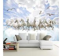 Tzxztt Ciel Bleu Nuages Blancs Oiseaux En Vol Animaux Cheval Blanc Papier Peint 3E Moderne Soie Texturée Haut De Gamme IdéAl Pour Le Salon Et La Chambre à Coucher-300cm×210cm