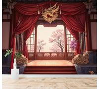 Tzxztt Classique Style Palais Rideaux Rouges Fleurs De Cerisier Paysage De Jardin Papier Peint 3D Moderne Soie Texturée Haut De Gamme Idéal Pour Le Salon Et La Chambre à Coucher-300cm×210cm