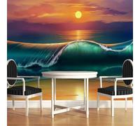 Tzxztt Cosy Sunset Beach Moon Wave Landscape Papier Peint 3E Moderne Soie Texturée Haut De Gamme IdéAl Pour Le Salon Et La Chambre à Coucher-350cm×256cm