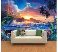 Tzxztt Coucher De Soleil Éthéré Sommets Montagneux Océan Cocotiers Papier Peint 3E Moderne Soie Texturée Haut De Gamme IdéAl Pour Le Salon Et La Chambre à Coucher-150cm×105cm