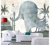 Tzxztt Créatif Caricature Petit Éléphant Cocotier Architecture Papier Peint 3D Moderne Soie Texturée Haut De Gamme Idéal Pour Le Salon Et La Chambre à Coucher-300cm×210cm