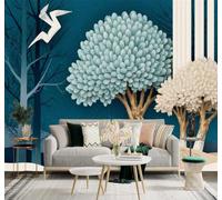 Tzxztt Créatif Élégant Arbres Bleus Et Blancs Oiseaux En Vol Ciel Nocturne Papier Peint 3D Moderne Soie Texturée Haut De Gamme Idéal Pour Le Salon Et La Chambre à Coucher-150cm×105cm