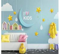 Tzxztt Dessin Animé Ciel Étoilé Bleu Nuages Lune Papier Peint 3D Moderne Soie Texturée Haut De Gamme Idéal Pour Le Salon Et La Chambre à Coucher-430cm×300cm