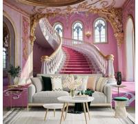Tzxztt Élégant Palais Rose Escalier Décor Doré Fenêtres Papier Peint 3D Moderne Soie Texturée Haut De Gamme Idéal Pour Le Salon Et La Chambre à Coucher-200cm×140cm