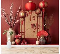 Tzxztt En Relief Magnifique Fleurs De Cerisier Lanternes Rouges Vase Papier Peint 3D Moderne Soie Texturée Haut De Gamme Idéal Pour Le Salon Et La Chambre à Coucher-400cm×280cm