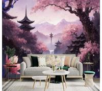 Tzxztt Esthétique Cascade Lotus Architecture Montagnes Papier Peint 3D Moderne Soie Texturée Haut De Gamme Idéal Pour Le Salon Et La Chambre à Coucher-200cm×140cm