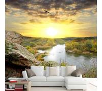 Tzxztt Esthétique Lever Du Soleil Oiseaux Forêt Rivière Papier Peint 3d Moderne Soie Texturée Haut De Gamme IdéAl Pour Le Salon Et La Chambre à Coucher-350cm×256cm