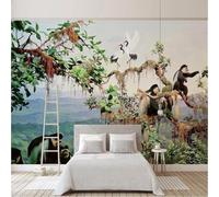 Tzxztt Fraîcheur Beauté Forêt Singe Oiseaux En Vol Hautes Montagnes Papier Peint 3E Moderne Soie Texturée Haut De Gamme IdéAl Pour Le Salon Et La Chambre à Coucher-350cm×256cm