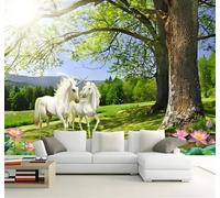 Tzxztt Frais Romantique Cheval Blanc Forêt Beau Fleur De Lotus Papier Peint 3D Moderne Soie Texturée Haut De Gamme Idéal Pour Le Salon Et La Chambre à Coucher-430cm×300cm