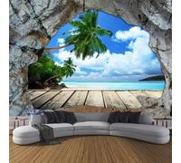 Tzxztt Grotte En Trois Dimensions Mur De Pierre Plage Ciel Bleu Petit Arbre Papier Peint 3E Moderne Soie Texturée Haut De Gamme IdéAl Pour Le Salon Et La Chambre à Coucher-400cm×280cm