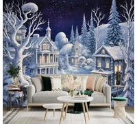 Tzxztt Hiver Village Paysage Enneigé Maisons Chaleureuses Ciel Étoilé Papier Peint 3D Moderne Soie Texturée Haut De Gamme Idéal Pour Le Salon Et La Chambre à Coucher-150cm×105cm