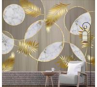 Tzxztt Luxueux Grain De Bois Imitation Marbre Cercles Feuilles Dorées Papier Peint 3D Moderne Soie Texturée Haut De Gamme Idéal Pour Le Salon Et La Chambre à Coucher-150cm×105cm