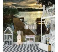 Tzxztt Magnifique Coucher De Soleil Lac Forêt Pont En Bois Papier Peint 3E Moderne Soie Texturée Haut De Gamme IdéAl Pour Le Salon Et La Chambre à Coucher-350cm×256cm