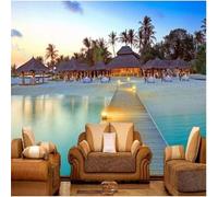 Tzxztt Maison Cocotier Mer Pont En Bois Paysage Papier Peint 3E Moderne Soie Texturée Haut De Gamme IdéAl Pour Le Salon Et La Chambre à Coucher-350cm×256cm