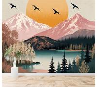 Tzxztt Montagnes Enneigées Oiseaux En Vol Coucher De Soleil Pinède Vue Sur La Mer Papier Peint 3D Moderne Soie Texturée Haut De Gamme Idéal Pour Le Salon Et La Chambre à Coucher-200cm×140cm