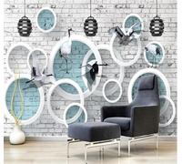 Tzxztt Mur De Briques Blanches Cercles Géométriques Oiseaux En Vol Papier Peint 3D Moderne Soie Texturée Haut De Gamme Idéal Pour Le Salon Et La Chambre à Coucher-150cm×105cm