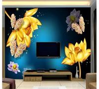 Tzxztt Onirique Tridimensionnel Lotus Doré Papillon Papier Peint 3E Moderne Soie Texturée Haut De Gamme IdéAl Pour Le Salon Et La Chambre à Coucher-350cm×256cm