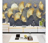 Tzxztt Or Lignes Feuilles De Ginkgo Oiseaux Lune Papier Peint 3E Moderne Soie Texturée Haut De Gamme IdéAl Pour Le Salon Et La Chambre à Coucher-250cm×170cm