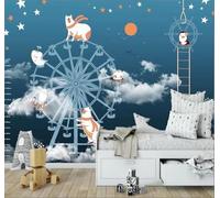 Tzxztt Ours De Dessin Animé Étoiles Nuages Blancs Grande Roue Papier Peint 3D Moderne Soie Texturée Haut De Gamme Idéal Pour Le Salon Et La Chambre à Coucher-430cm×300cm