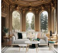 Tzxztt Palais Élégant Fenêtres En Arc Moulures Dorées Jardin Baigné De Soleil Papier Peint 3D Moderne Soie Texturée Haut De Gamme Idéal Pour Le Salon Et La Chambre à Coucher-430cm×300cm