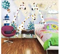 Tzxztt Phare De Dessin Animé Oiseau En Vol Girafe Montgolfière Papier Peint 3E Moderne Soie Texturée Haut De Gamme IdéAl Pour Le Salon Et La Chambre à Coucher-350cm×256cm