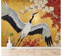 Tzxztt Rouge Et Blanc Fleurs De Prunier Abstrait Doré Oiseaux En Vol Papier Peint 3D Moderne Soie Texturée Haut De Gamme Idéal Pour Le Salon Et La Chambre à Coucher-300cm×210cm
