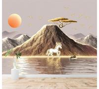 Tzxztt Sommets Dorés Coucher De Soleil Cheval Blanc Oiseaux En Vol Paysage Papier Peint 3D Moderne Soie Texturée Haut De Gamme Idéal Pour Le Salon Et La Chambre à Coucher-250cm×170cm