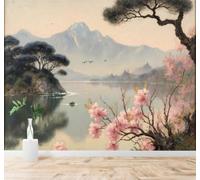 Tzxztt Sommets Lacs Cerisiers En Fleurs Oiseaux Paysages Naturels Papier Peint 3D Moderne Soie Texturée Haut De Gamme Idéal Pour Le Salon Et La Chambre à Coucher-250cm×170cm