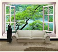 Tzxztt Structure En Relief Fenêtres Vert Forêt Lac Papier Peint 3d Moderne Soie Texturée Haut De Gamme IdéAl Pour Le Salon Et La Chambre à Coucher-350cm×256cm