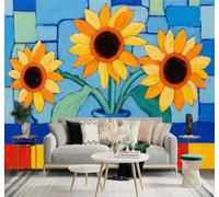 Tzxztt Vase Bleu Tournesols Colorés Abstrait Multicolore Géométrique Papier Peint 3D Moderne Soie Texturée Haut De Gamme Idéal Pour Le Salon Et La Chambre à Coucher-350cm×256cm