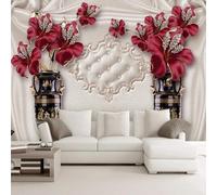Tzxztt Vase Créatif En Relief Fleurs Rouges Papier Peint 3E Moderne Soie Texturée Haut De Gamme IdéAl Pour Le Salon Et La Chambre à Coucher-350cm×256cm