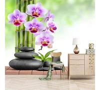 Tzxztt Vert Bambou Violet Fleurs Galets Papier Peint 3d Moderne Soie Texturée Haut De Gamme IdéAl Pour Le Salon Et La Chambre à Coucher-430cm×300cm