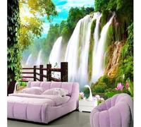 Tzxztt Vert Forêt Cascade Pont En Bois Lotus Papier Peint 3d Moderne Soie Texturée Haut De Gamme IdéAl Pour Le Salon Et La Chambre à Coucher-200cm×140cm