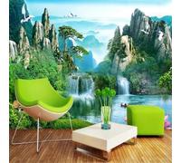 Tzxztt Vert Sommets Montagneux Lacs Oiseaux En Vol Fleurs De Lotus Papier Peint 3E Moderne Soie Texturée Haut De Gamme IdéAl Pour Le Salon Et La Chambre à Coucher-150cm×105cm